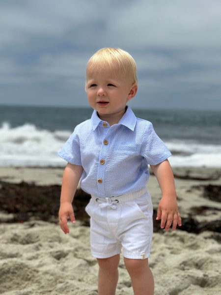 Helford Woven Onesie (Pale blue seersucker)