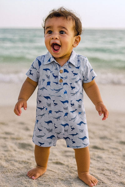 Molokai Printed Woven Romper (Blue Whale Print)