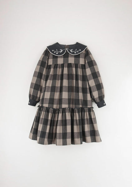Taupe Check Dress with Embroidered Collar