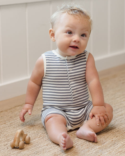 Ribbed Henley Romper (Ocean Stripe)