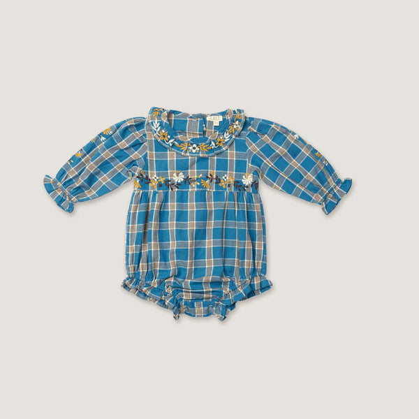 Juniper Romper - Azul Plaid with Embroidery