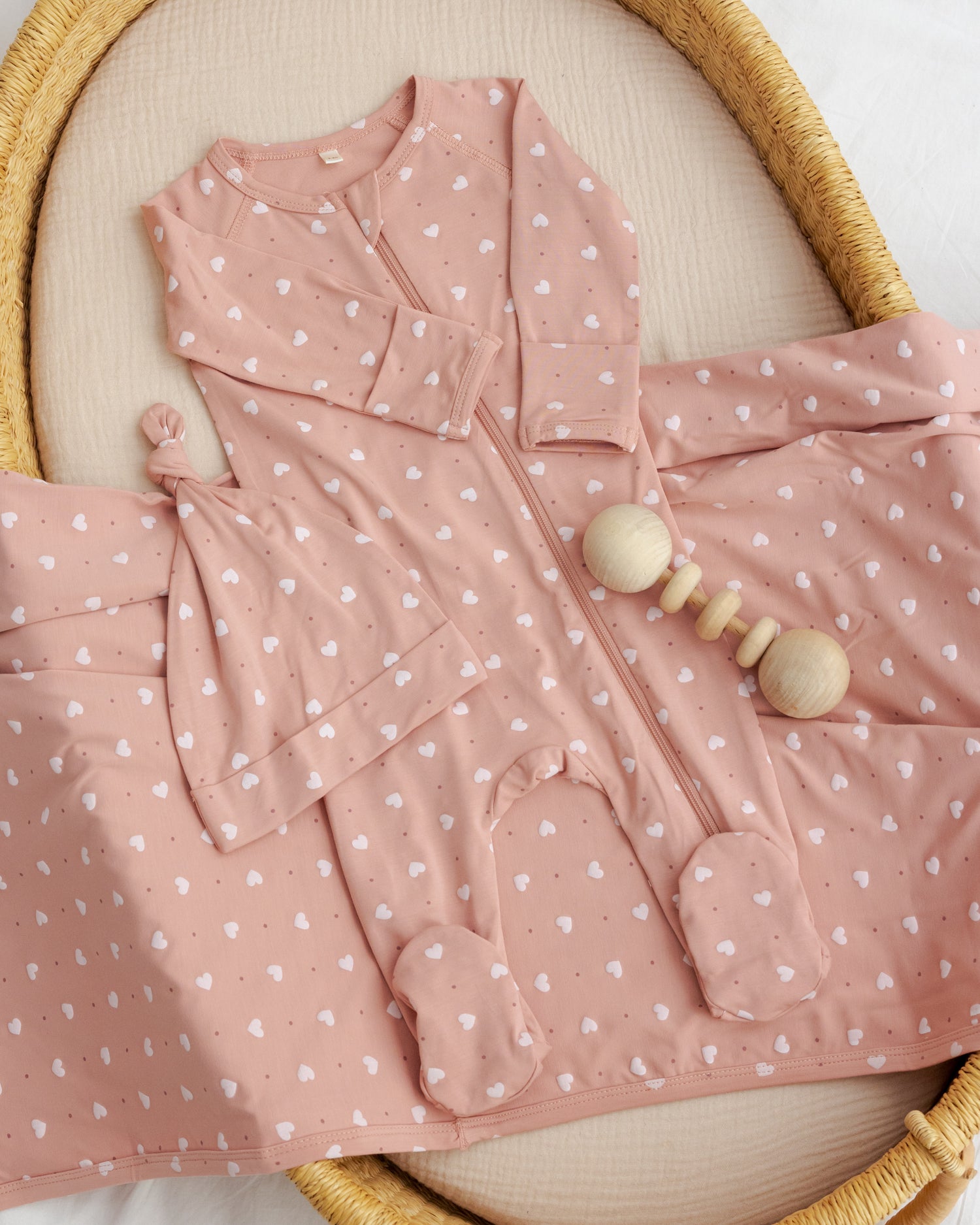 Bamboo Zip Footie (Pink Hearts)