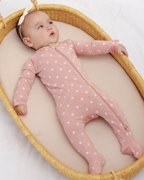 Bamboo Zip Footie (Pink Hearts)