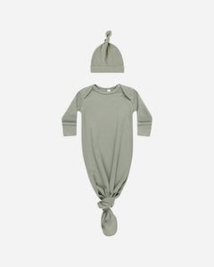 Knotted Baby Gown  + Hat - Basil