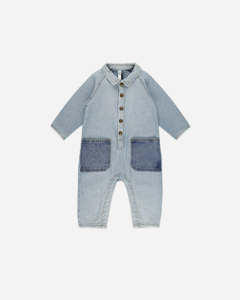 Collared Baby Jumpsuit - Light Washed Denim