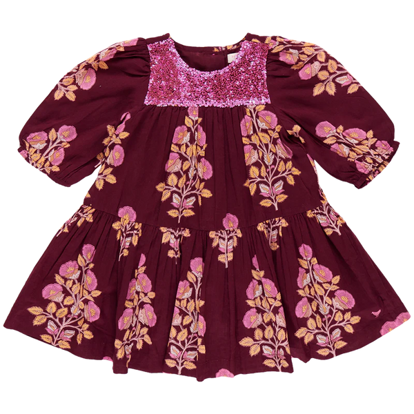 Girls Fiona Dress - Burgundy Bouquet Floral