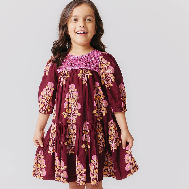 Girls Fiona Dress - Burgundy Bouquet Floral