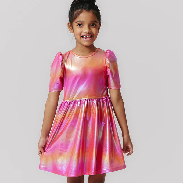 Girls Lame Laurie Dress - Rainbow Pink Lame