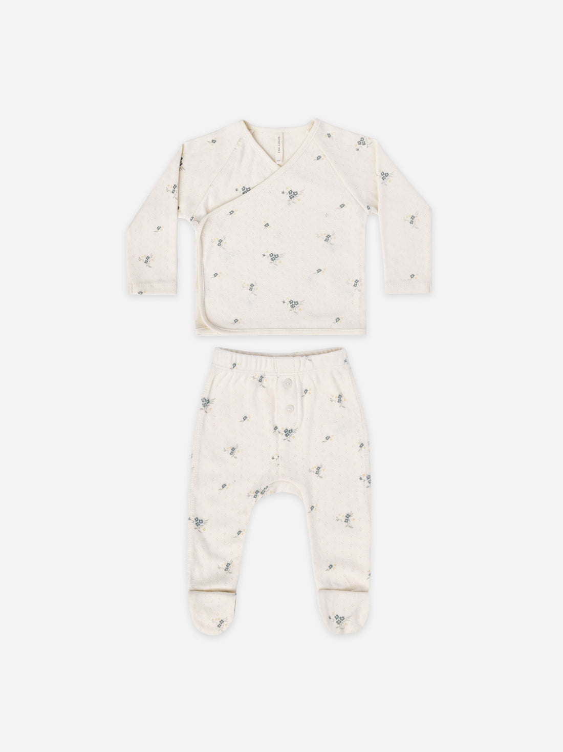 Pointelle Wrap Top + Footed Pant Set - Ditsy Ocean
