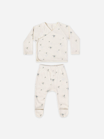 Pointelle Wrap Top + Footed Pant Set - Ditsy Ocean